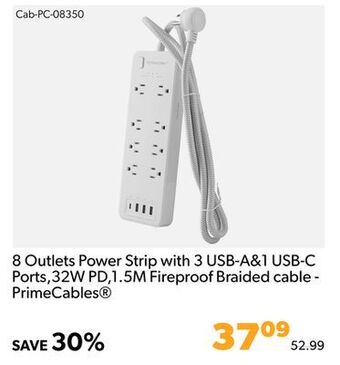 Shopper+ 8 outlets power strip with 3 usb-a&1 usb-c ports, 32w pd, 1.5m fireproof braided cable - primecables offer