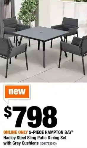Home Depot 5-piece hampton bay hadley steel sling patio dining set with grey cushions offer