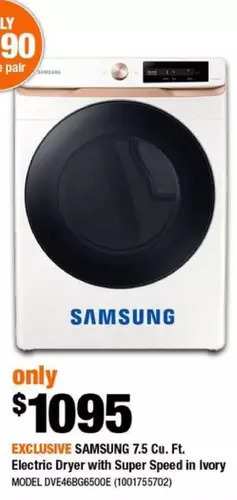 Home Depot Samsung 7.5 cu. ft. electric dryer with super speed in ivory offer