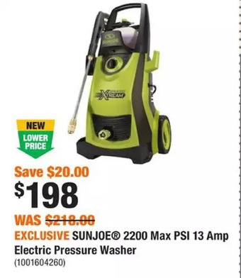Home Depot Sunjoe 2200 max psi 13 amp electric pressure washer offer