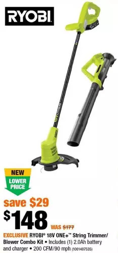 Home Depot Ryobi 18v one+ string trimmer/blower combo kit offer