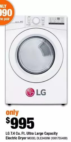 Home Depot Lg 7.4 cu. ft. ultra large capacity electric dryer offer