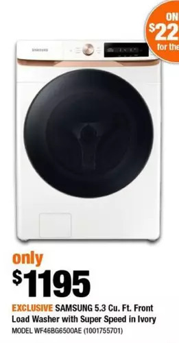 Home Depot Samsung 5.3 cu. ft. front load washer with super speed in ivory offer