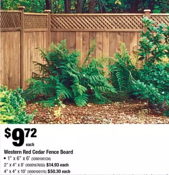 Home Depot Western red cedar fence board 1 x 6 x 6' | 2 x 4 x 8' | 4 x 4 x 10' offer