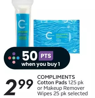 Sobeys Compliments cotton pads or makeup remover wipes offer