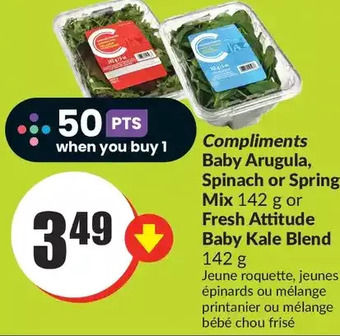 FreshCo Compliments baby arugula, spinach or spring mix or fresh attitude baby kale blend offer