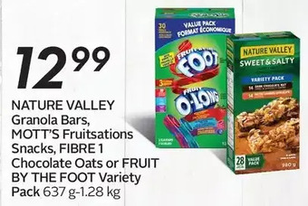 Sobeys Nature valley granola bars, mott's fruitsations snacks, fibre 1 chocolate oats or fruit by the foot variety pack offer