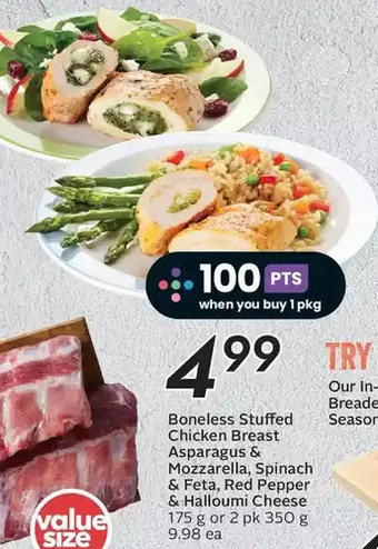 Sobeys Boneless stuffed chicken breast asparagus & mozzarella, spinach & feta, red pepper & halloumi cheese offer