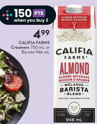 Sobeys Califia farms creamers or barista offer