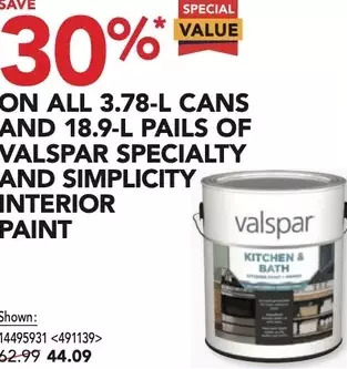 Lowe's 3.78-l cans and 18.9-l pails of valspar specialty and simplicity interior paint offer