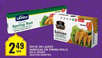 Food Basics Divya or lazeez samosas or spring rolls offer