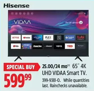 Canadian Tire Hisense 65 4k uhd vidaa smart tv offer