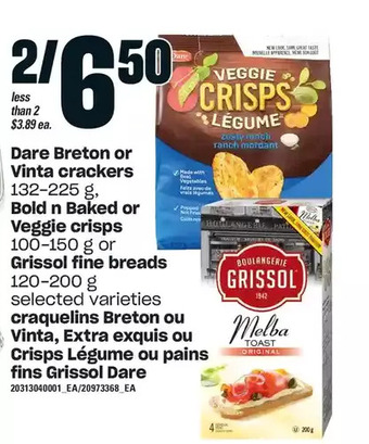 Independent Grocer Dare breton or vinta crackers, bold n baked or veggie crisps or grissol fine breads offer