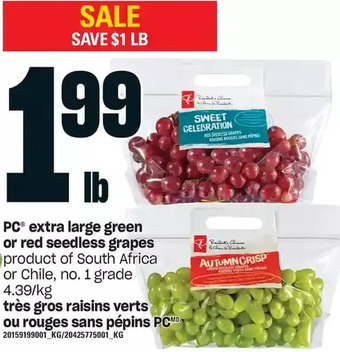 Independent Grocer Pc extra large green or red seedless grapes offer