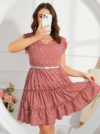 SheIn Shein vcay plus polka dot print ruffle hem dress without belt offer