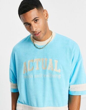 Asos Asos actual oversized t-shirt with cut and sew detailing and logo print in blue - part of a set offer
