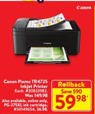 Walmart Canon pixma tr4725 inkjet printer offer