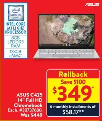 Walmart Asus c425 14 full hd chromebook offer