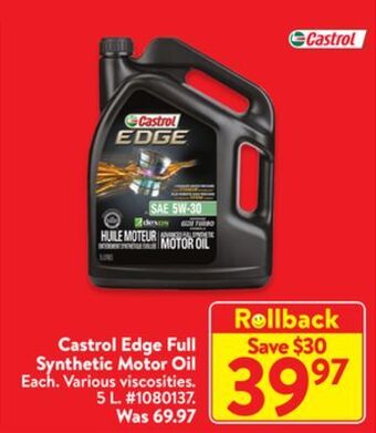 Walmart Castrol edge full synthetic motor oil offer