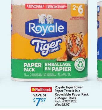 Walmart Royale tiger towel paper towels in a recyclable paper pack 2 mega+ rolls offer
