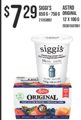 Fortinos Siggi's, 650 g-750 g, astro original, 12 x 100 g offer