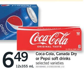 Fortinos Coca-cola, canada dry or pepsi soft drinks, 12x355 ml offer
