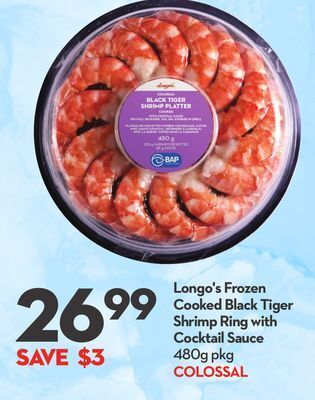 Longo's Longo's frozen cooked black tiger shrimp ring with cocktail sauce offer