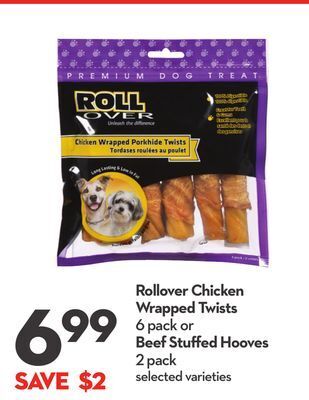 Longo's Rollover chicken wrapped twists 6 pack or beef stuffed hooves 2 pack offer