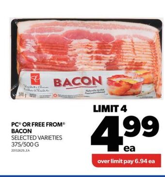 Real Canadian Superstore Pc® or free from® bacon, 375/500 g offer