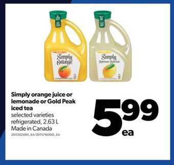 Real Canadian Superstore Simply orange juice or lemonade or gold peak iced tea, 2.63 l offer