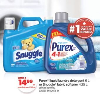 Real Canadian Superstore Purex® liquid laundry detergent, 6 l or snuggle® fabric softener, 4.25 l offer