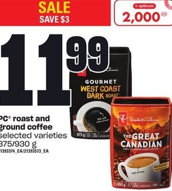 Loblaws Pc® roast and ground coffee, 875/930 g offer