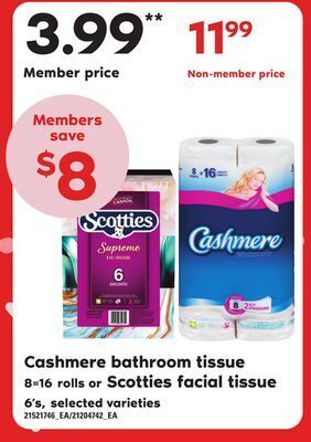 Loblaws Cashmere bathroom tissue 8-16 rolls or scotties facial tissue, 6's offer