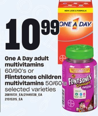 Loblaws One a day adult multivitamins 60/90's or flintstones children multivitamins 50/60's offer