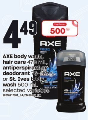 Loblaws Axe body wash, hair care 473 ml, antiperspirant or deodorant 76-113 g or st. ives body wash 500 ml offer