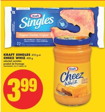 No Frills Kraft singles, 410 g or cheez whiz, 450 g offer