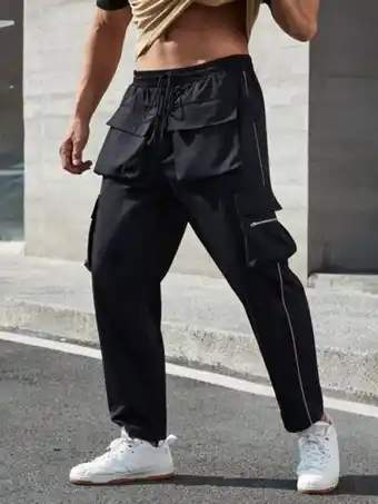 SheIn Extended sizes men contrast piping flap pocket drawstring waist pants offer
