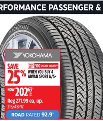 Canadian Tire Yokohama advan sport a/s+ tires offer