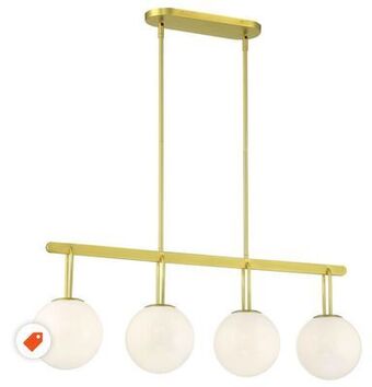 Home Depot Gluckstein elements orly 4-light brushed brass golden finish with opal white globe linear hanging kitchen island pendant offer