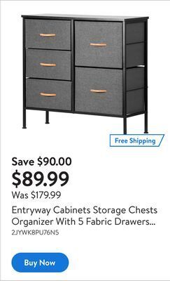 Walmart Entryway cabinets storage chests organizer with 5 fabric drawers bins for the bedroom,closet, livingroom offer