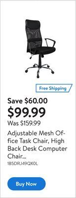 Walmart Adjustable mesh office task chair, high back desk computer chair with fixed arms and fabric seat offer