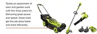 Home Depot Ryobi 18v one+ hp brushless 16in lawn mower, blower, and trimmer kit with (2) 4.0 ah batteries and charger offer