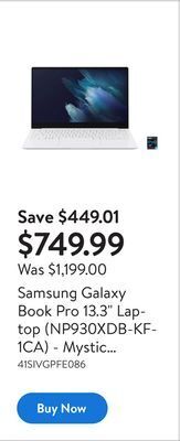 Walmart Samsung galaxy book pro 13.3 laptop (np930xdb-kf1ca) - mystic silver (intel core i5-1135g7/256gb ssd/8gb ram/win10) offer