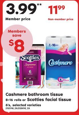 Zehrs Markets Cashmere bathroom tissue, 8=16 rolls or scotties facial tissue, 6's offer