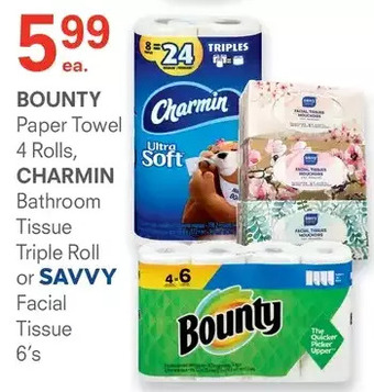 Guardian Pharmacy Bounty paper towel, charmin bathroom tissue or savvy facial tissue offer