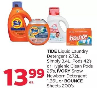 Rexall Tide liquid laundry detergent, simply, pods or hygienic clean pods, ivory snow newborn detergent or bounce sheets offer