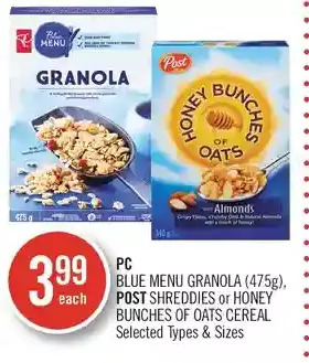 Shoppers Drug Mart Pc blue menu granola, post shreddies or honey bunches of oats cereal offer