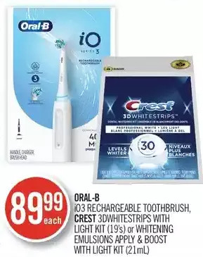 Shoppers Drug Mart Oral-b io3 rechargeable toothbrush, crest 3dwhitestrips with light kit or whitening emulsions apply & boost with light kit offer