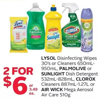 Rexall Lysol disinfecting wipes or cleaners, palmolive or sunlight dish detergent, clorox cleaners or air wick mega aerosol air care offer