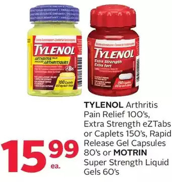 Rexall Tylenol arthritis pain relief, extra strength eztabs or caplets, rapid release gel capsules or motrin super strength liquid g offer
